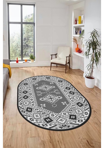 Şık Tasarım Etnik Desenli Dijital Kaymaz Yıkanabilir Oval Yolluk Salon Halısı, O-Etnik-08-Gri, indirimleri