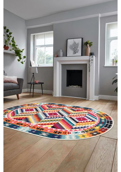 Modern Tasarım Etnik Desen Dijital Kaymaz Yıkanabilir Oval Yolluk Salon Halısı, O-Etnik-09-Renkli,