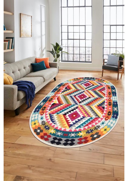 Modern Tasarım Etnik Desen Dijital Kaymaz Yıkanabilir Oval Yolluk Salon Halısı, O-Etnik-09-Renkli, fiyatları