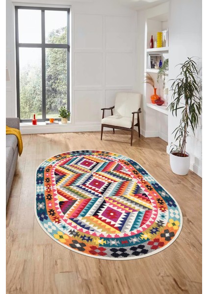 Modern Tasarım Etnik Desen Dijital Kaymaz Yıkanabilir Oval Yolluk Salon Halısı, O-Etnik-09-Renkli, fırsatları