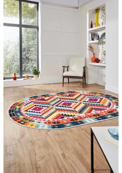 Modern Tasarım Etnik Desen Dijital Kaymaz Yıkanabilir Oval Yolluk Salon Halısı, O-Etnik-09-Renkli, indirimleri