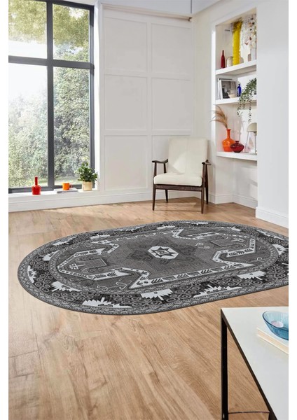 Şık Etnik Desenli Dijital Kaymaz Yıkanabilir Oval Yolluk Mutfak Salon Halısı, O-Etnik-10-Gri, indirimleri