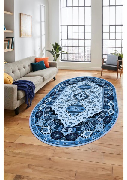Etnik Klasik Desenli Dijital Baskılı Kaymaz Yıkanabilir Oval Yolluk Salon Halısı, O-Etnik-07-Mavi, modelleri