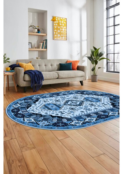 Etnik Klasik Desenli Dijital Baskılı Kaymaz Yıkanabilir Oval Yolluk Salon Halısı, O-Etnik-07-Mavi, fırsatları