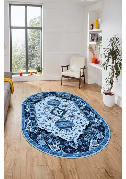 Etnik Klasik Desenli Dijital Baskılı Kaymaz Yıkanabilir Oval Yolluk Salon Halısı, O-Etnik-07-Mavi, indirimleri