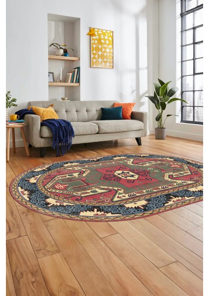 Şık Etnik Desenli Dijital Kaymaz Yıkanabilir Oval Yolluk Mutfak Salon Halısı, O-Etnik-10-Renkli, modelleri