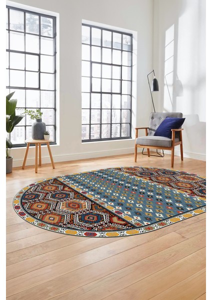 Dijital Kaymaz Yıkanabilir Şık Etnik Desenli Oval Yolluk Mutfak Salon Halısı, O-Etnik-13-Renkli, indirimleri