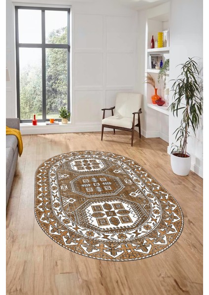 Dijital Kaymaz Yıkanabilir Şık Etnik Desen Oval Yolluk Mutfak Salon Halısı, O-Etnik-14-Kahve, fiyatları