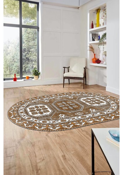 Dijital Kaymaz Yıkanabilir Şık Etnik Desen Oval Yolluk Mutfak Salon Halısı, O-Etnik-14-Kahve, modelleri