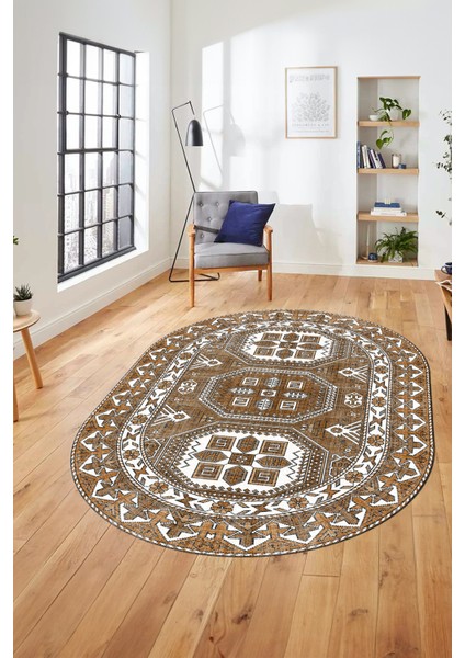 Dijital Kaymaz Yıkanabilir Şık Etnik Desen Oval Yolluk Mutfak Salon Halısı, O-Etnik-14-Kahve, fırsatları