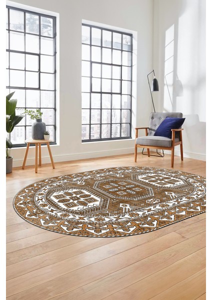Dijital Kaymaz Yıkanabilir Şık Etnik Desen Oval Yolluk Mutfak Salon Halısı, O-Etnik-14-Kahve, indirimleri