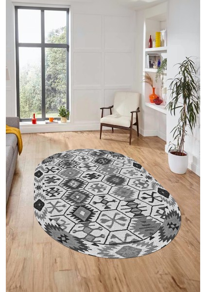Dijital Baskılı Kaymaz Yıkanabilir Etnik Desen Oval Yolluk Mutfak Salon Halısı, O-Etnik-12-Gri,