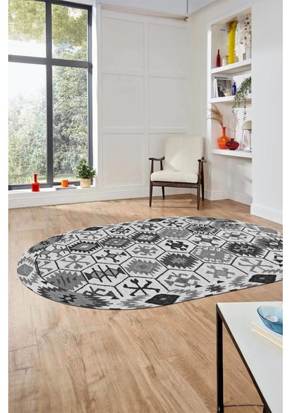 Dijital Baskılı Kaymaz Yıkanabilir Etnik Desen Oval Yolluk Mutfak Salon Halısı, O-Etnik-12-Gri,