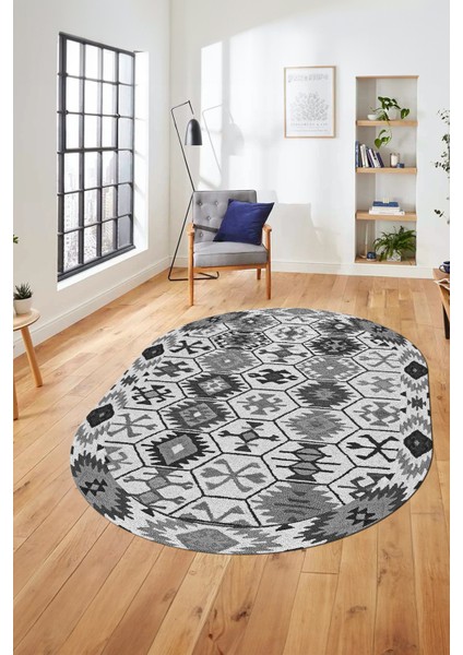 Dijital Baskılı Kaymaz Yıkanabilir Etnik Desen Oval Yolluk Mutfak Salon Halısı, O-Etnik-12-Gri,