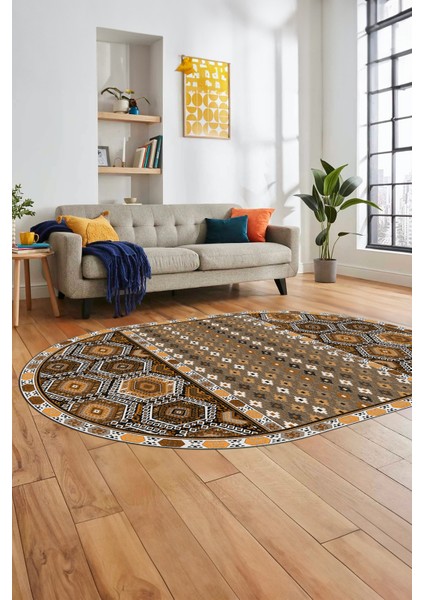 Dijital Kaymaz Yıkanabilir Şık Etnik Desenli Oval Yolluk Mutfak Salon Halısı, O-Etnik-13-Kahve, fiyatları