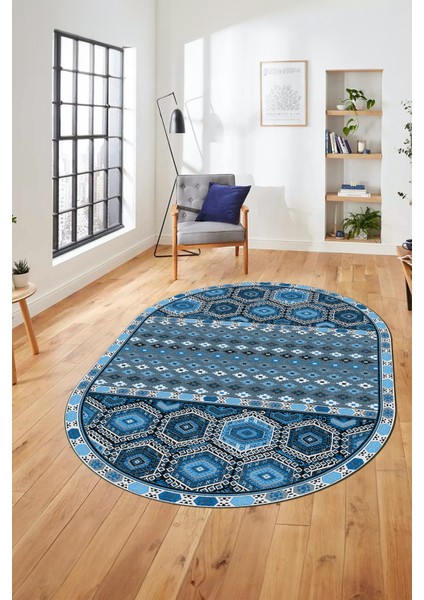Dijital Kaymaz Yıkanabilir Şık Etnik Desenli Oval Yolluk Mutfak Salon Halısı, O-Etnik-13-Mavi, indirimleri