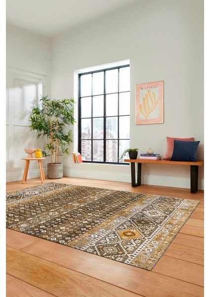 Yeni Tasarım Etnik Desenli Yıkanabilir Yolluk Mutfak Salon Koridor Halısı, Etnik-17-Kahve fırsatları