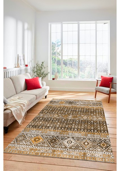 Yeni Tasarım Etnik Desenli Yıkanabilir Yolluk Mutfak Salon Koridor Halısı, Etnik-17-Kahve indirimleri