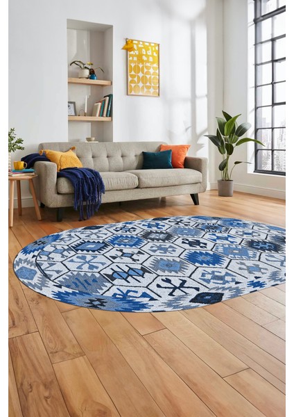 Dijital Baskılı Kaymaz Yıkanabilir Etnik Desen Oval Yolluk Mutfak Salon Halısı, O-Etnik-12-Mavi,