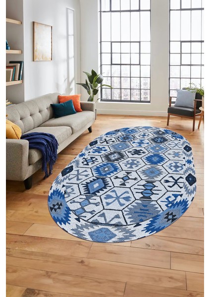 Dijital Baskılı Kaymaz Yıkanabilir Etnik Desen Oval Yolluk Mutfak Salon Halısı, O-Etnik-12-Mavi,