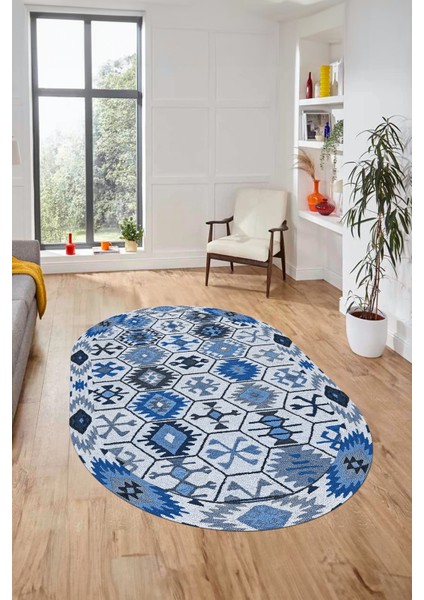 Dijital Baskılı Kaymaz Yıkanabilir Etnik Desen Oval Yolluk Mutfak Salon Halısı, O-Etnik-12-Mavi, modelleri