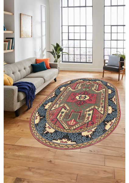 Şık Etnik Desenli Dijital Kaymaz Yıkanabilir Oval Yolluk Mutfak Salon Halısı, O-Etnik-10-Renkli, fiyatları