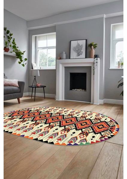 Renkli Etnik Desenli Dijital Kaymaz Yıkanabilir Oval Yolluk Mutfak Salon Halısı, O-Etnik-06-Renkli, fiyatları