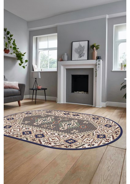 Şık Tasarım Etnik Desenli Dijital Kaymaz Yıkanabilir Oval Yolluk Salon Halısı, O-Etnik-08-Lacevert, fiyatları