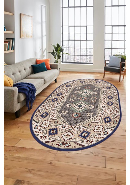 Şık Tasarım Etnik Desenli Dijital Kaymaz Yıkanabilir Oval Yolluk Salon Halısı, O-Etnik-08-Lacevert, modelleri