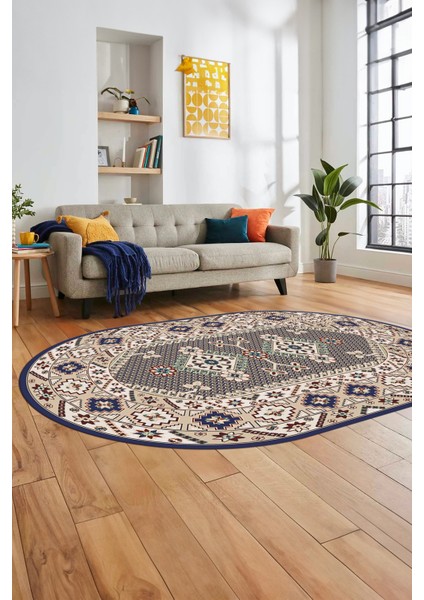 Şık Tasarım Etnik Desenli Dijital Kaymaz Yıkanabilir Oval Yolluk Salon Halısı, O-Etnik-08-Lacevert, fırsatları