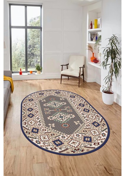 Şık Tasarım Etnik Desenli Dijital Kaymaz Yıkanabilir Oval Yolluk Salon Halısı, O-Etnik-08-Lacevert, indirimleri
