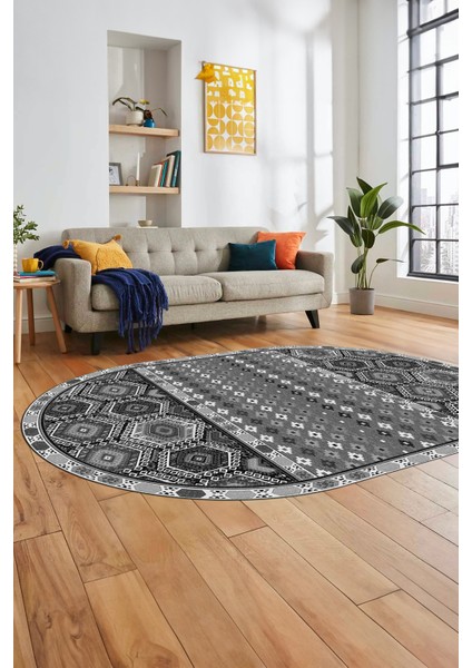 Dijital Kaymaz Yıkanabilir Şık Etnik Desenli Oval Yolluk Mutfak Salon Halısı, O-Etnik-13-Gri, fiyatları