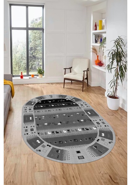 Dijital Kaymaz Yıkanabilir Motifli Etnik Desen Oval Yolluk Mutfak Salon Halısı, O-Etnik-15-Antrasit,