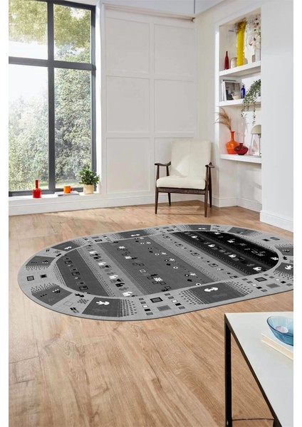 Dijital Kaymaz Yıkanabilir Motifli Etnik Desen Oval Yolluk Mutfak Salon Halısı, O-Etnik-15-Antrasit,