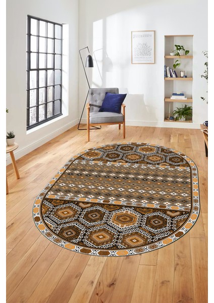 Dijital Kaymaz Yıkanabilir Şık Etnik Desenli Oval Yolluk Mutfak Salon Halısı, O-Etnik-13-Kahve, indirimleri