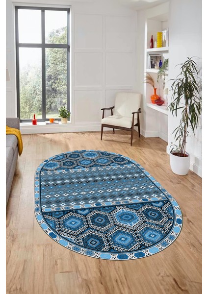 Dijital Kaymaz Yıkanabilir Şık Etnik Desenli Oval Yolluk Mutfak Salon Halısı, O-Etnik-13-Mavi, modelleri