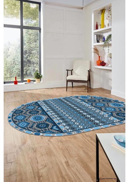 Dijital Kaymaz Yıkanabilir Şık Etnik Desenli Oval Yolluk Mutfak Salon Halısı, O-Etnik-13-Mavi, fırsatları