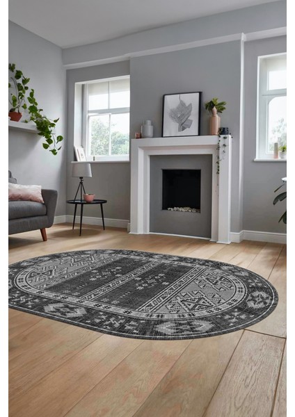 Dijital Baskılı Kaymaz Yıkanabilir Etnik Desen Oval Yolluk Mutfak Salon Halısı, O-Etnik-11-Gri,