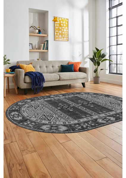 Dijital Baskılı Kaymaz Yıkanabilir Etnik Desen Oval Yolluk Mutfak Salon Halısı, O-Etnik-11-Gri, modelleri