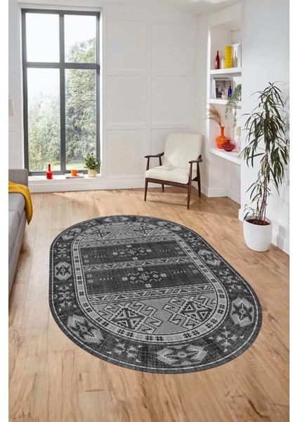Dijital Baskılı Kaymaz Yıkanabilir Etnik Desen Oval Yolluk Mutfak Salon Halısı, O-Etnik-11-Gri, fırsatları