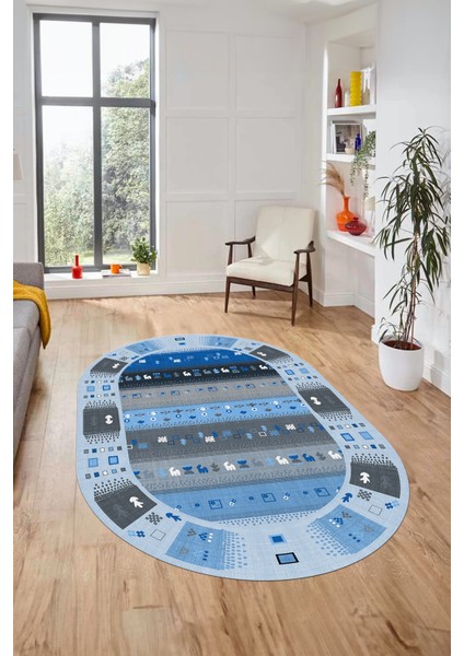 Dijital Kaymaz Yıkanabilir Motifli Etnik Desen Oval Yolluk Mutfak Salon Halısı, O-Etnik-15-Mavi, fiyatları