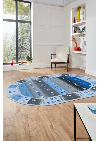 Dijital Kaymaz Yıkanabilir Motifli Etnik Desen Oval Yolluk Mutfak Salon Halısı, O-Etnik-15-Mavi, modelleri