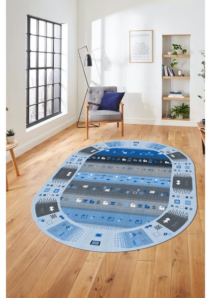 Dijital Kaymaz Yıkanabilir Motifli Etnik Desen Oval Yolluk Mutfak Salon Halısı, O-Etnik-15-Mavi, fırsatları