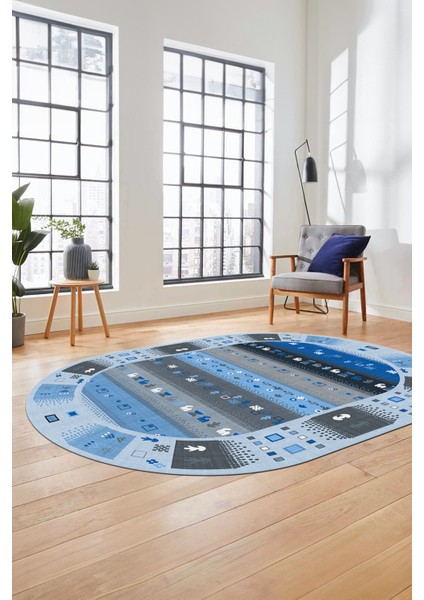 Dijital Kaymaz Yıkanabilir Motifli Etnik Desen Oval Yolluk Mutfak Salon Halısı, O-Etnik-15-Mavi, indirimleri