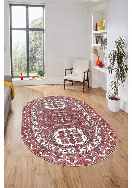 Dijital Kaymaz Yıkanabilir Şık Etnik Desen Oval Yolluk Mutfak Salon Halısı, O-Etnik-14-Kırmızı, fiyatları