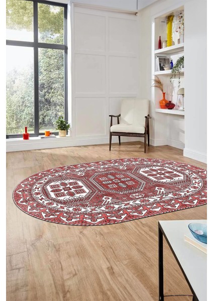 Dijital Kaymaz Yıkanabilir Şık Etnik Desen Oval Yolluk Mutfak Salon Halısı, O-Etnik-14-Kırmızı, modelleri