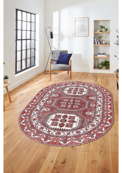 Dijital Kaymaz Yıkanabilir Şık Etnik Desen Oval Yolluk Mutfak Salon Halısı, O-Etnik-14-Kırmızı, fırsatları