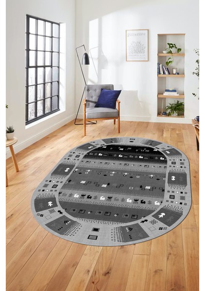 Dijital Kaymaz Yıkanabilir Motifli Etnik Desen Oval Yolluk Mutfak Salon Halısı, O-Etnik-15-Antrasit,