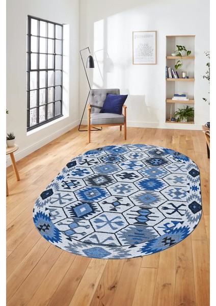 Dijital Baskılı Kaymaz Yıkanabilir Etnik Desen Oval Yolluk Mutfak Salon Halısı, O-Etnik-12-Mavi,
