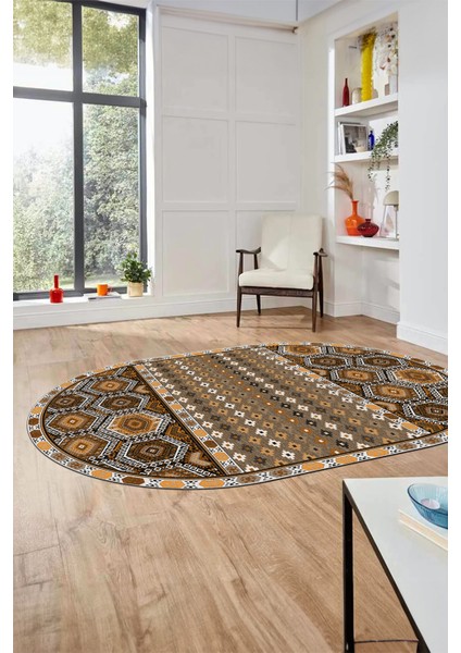 Dijital Kaymaz Yıkanabilir Şık Etnik Desenli Oval Yolluk Mutfak Salon Halısı, O-Etnik-13-Kahve, fırsatları